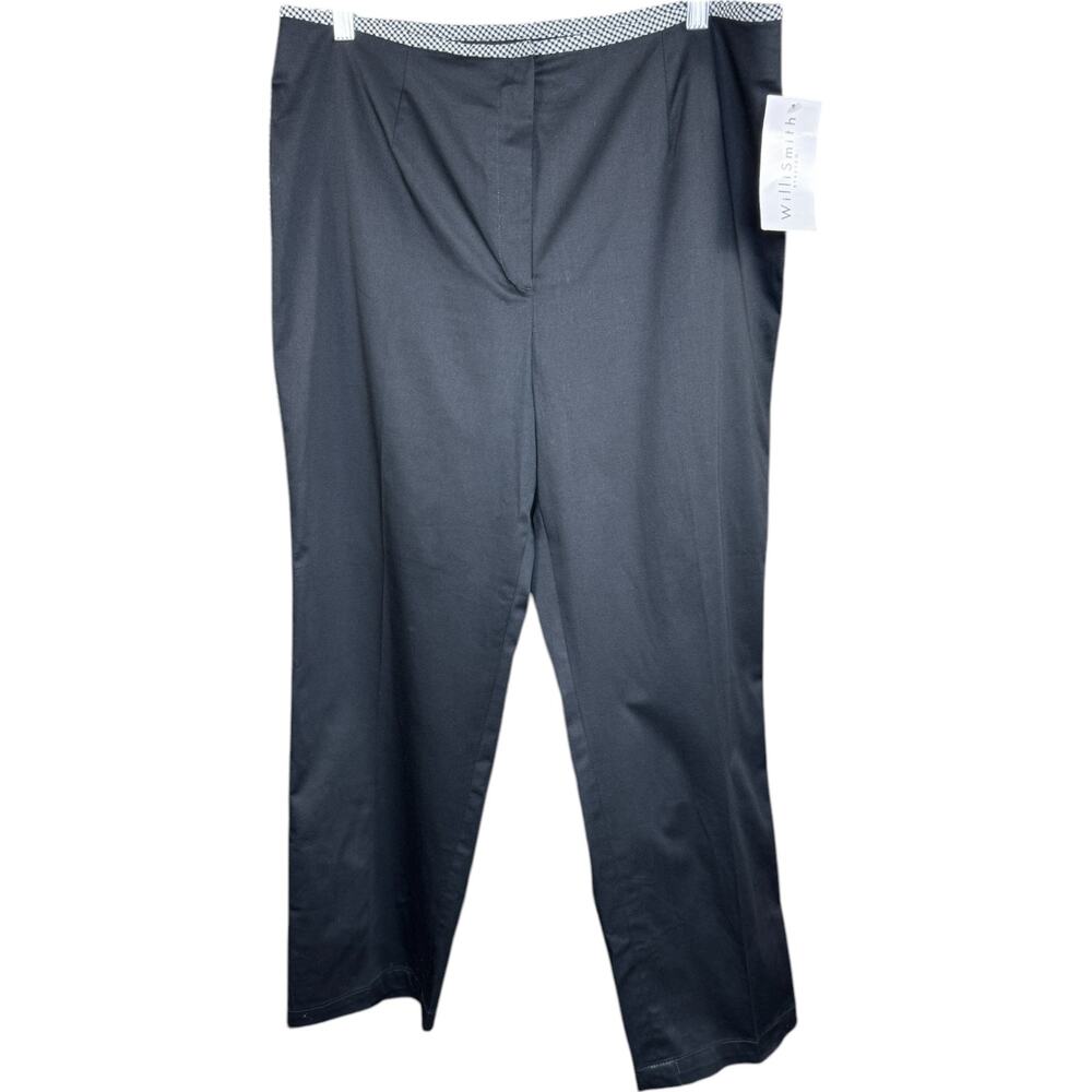 Willi Smith Stretch Black Pants Size 14 Gingham Trim Career Trousers‎ NWT